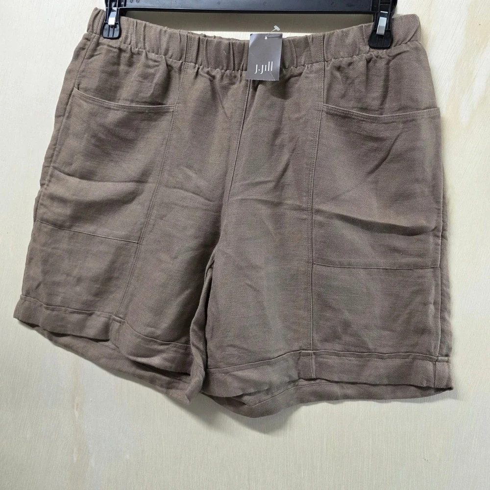 J. Jill Beechnut Brown Linen Rayon Blend Elastic Waist Patch Pocket Shorts S NEW